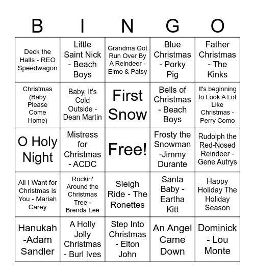 CRAZY K'S MUSIC BINGO CHRISTMAS IN JULY Bingo Card