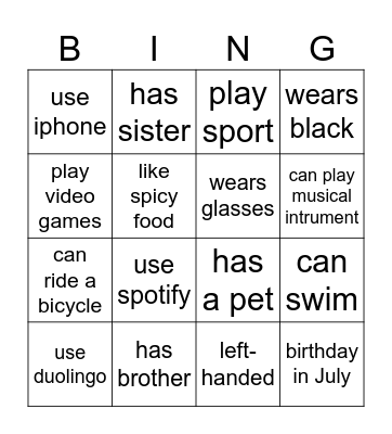 human bingo Card