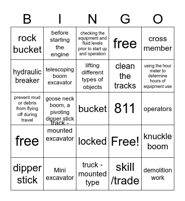 Excavator BINGO Card