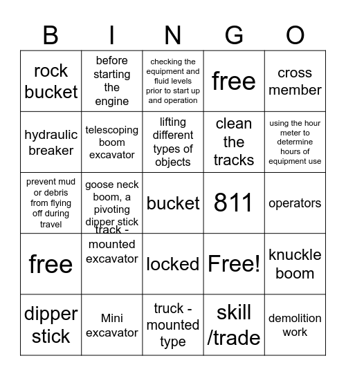 Excavator BINGO Card