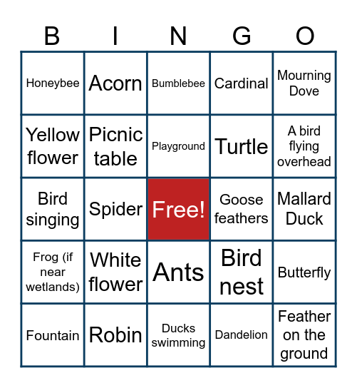 Josephine's Place Family BBQ - Nature Walk BINGO Card