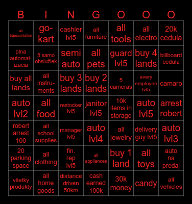 Roblox retail tycoon 2 Bingo Card