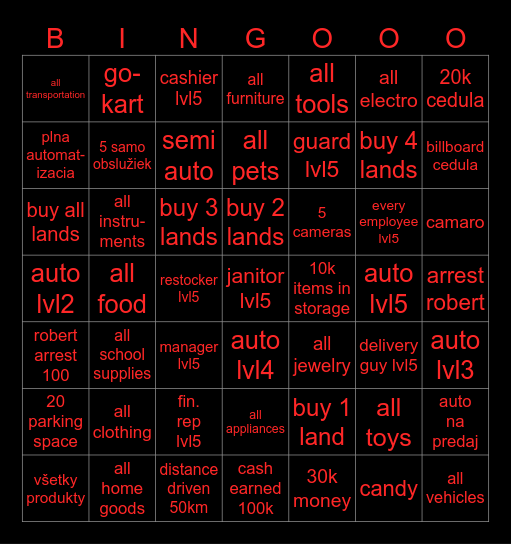Roblox retail tycoon 2 Bingo Card