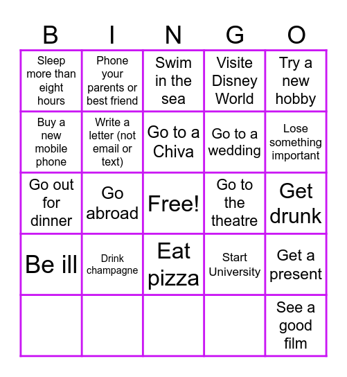 Never Have I Ever Bingo Card