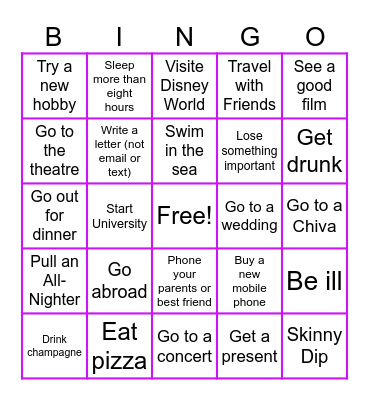 Never Have I Ever Bingo Card