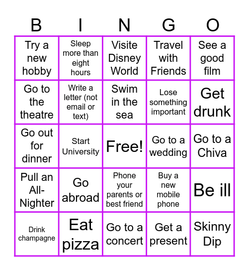 Never Have I Ever Bingo Card