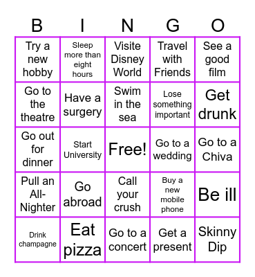 Never Have I Ever Bingo Card