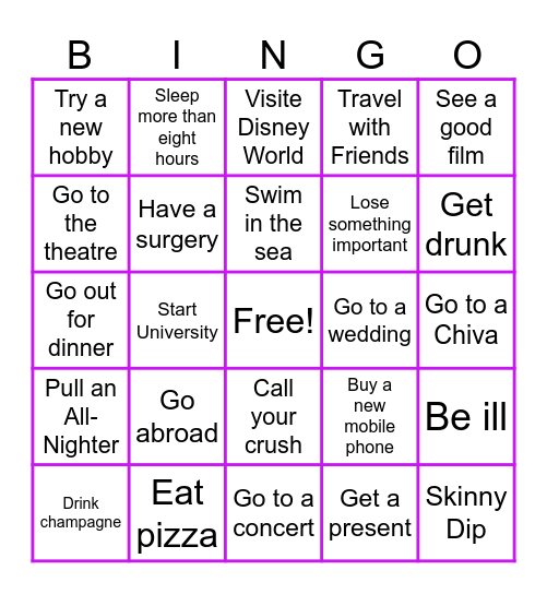Never Have I Ever Bingo Card