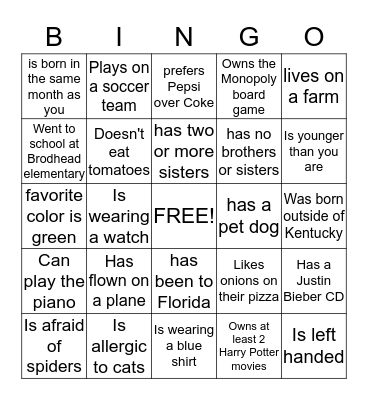 Get to know each other Bingo Card