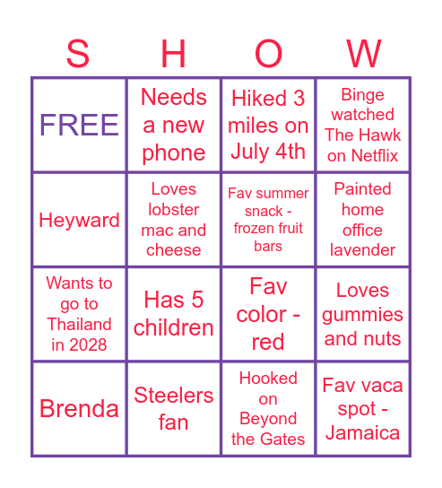 The Brenda Bingo Card