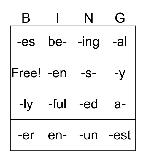 Prefix and Suffix Bingo Card