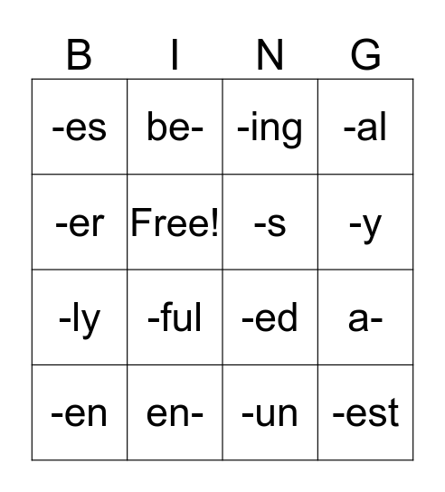 Prefix and Suffix Bingo Card