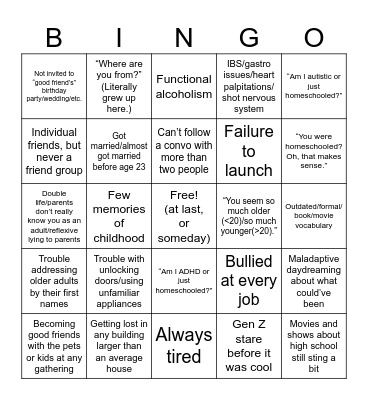 Homeschooled Adult Things Bingo Card
