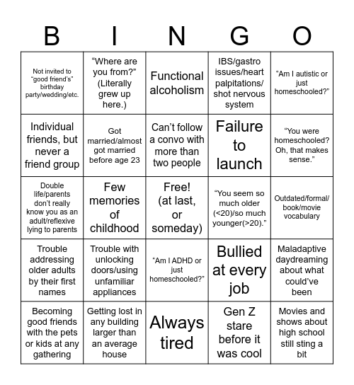 Homeschooled Adult Things Bingo Card