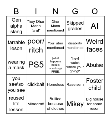 Dhar Mann cringe bingo Card