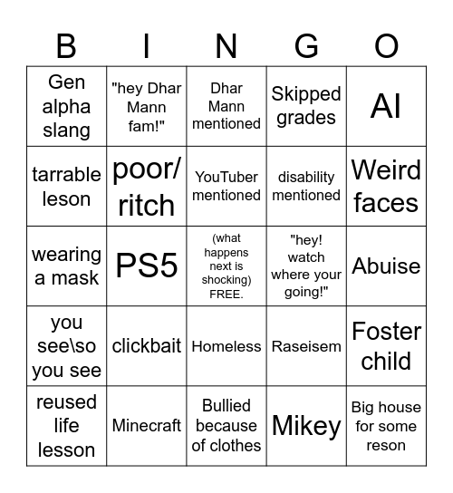 Dhar Mann cringe bingo Card