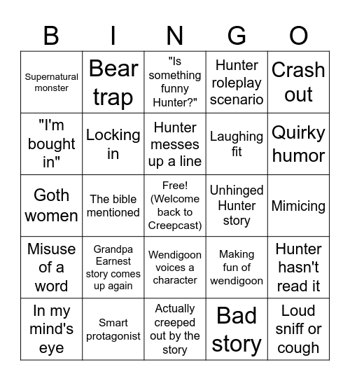Creepcast Bingo Card