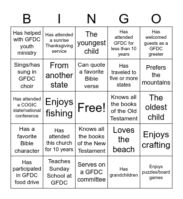Greater Faith Cookout Human BINGO Card