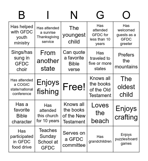 Greater Faith Cookout Human BINGO Card