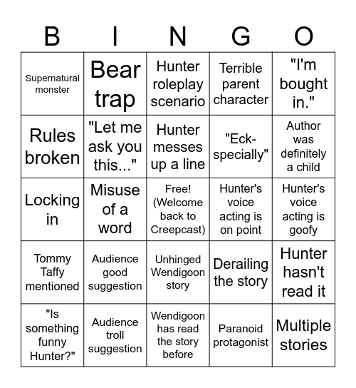 Creepcast Bingo Card
