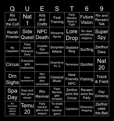 Questicles Session 69 Bingo Card
