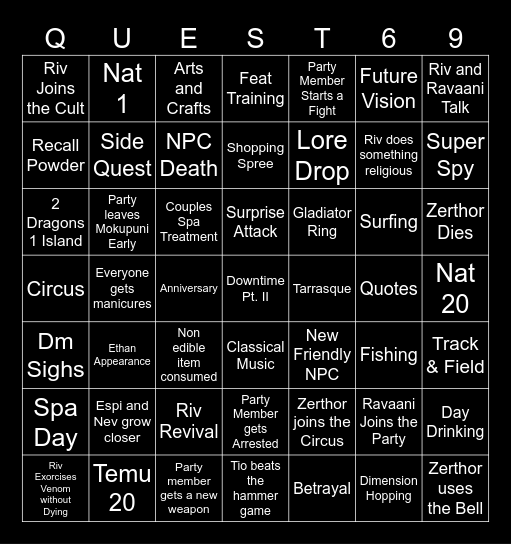 Questicles Session 69 Bingo Card