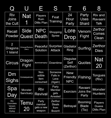 Questicles Session 68 Bingo Card