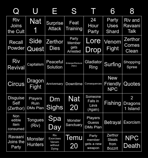 Questicles Session 68 Bingo Card