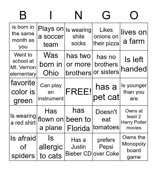 Get to know each other Bingo Card