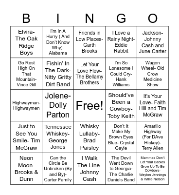 Country's Biggest Hits Bingo Card