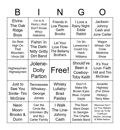 Country's Biggest Hits Bingo Card