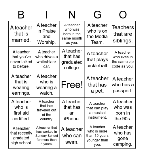 Sunday School Teachers Bingo Card