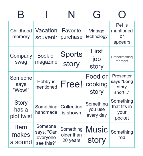 Fearey Show And Tell Bingo Card