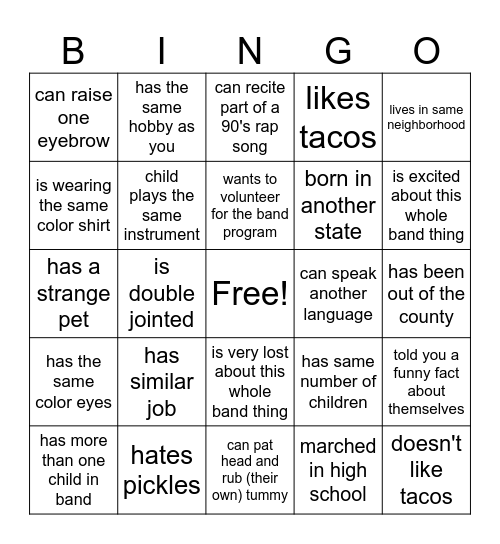 2026 Marching Band Parent Bingo Card