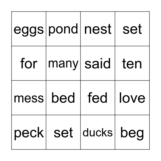 Peg's Ducks Bingo Card