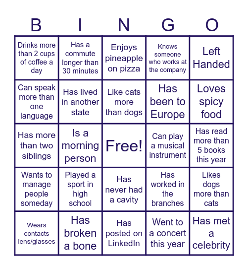 Young Professionals Networking Bingo Card