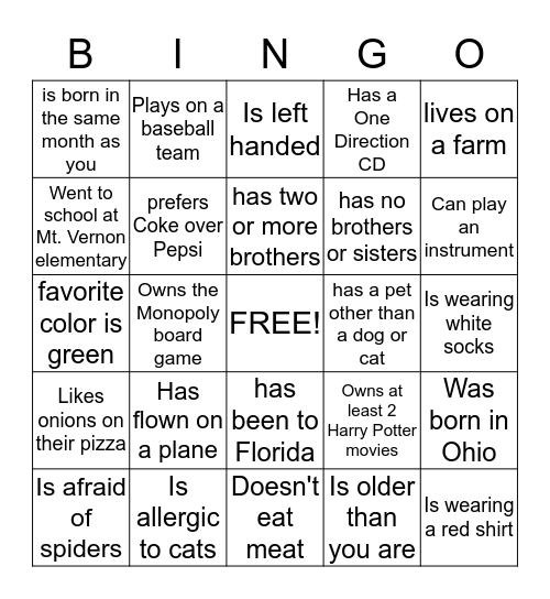 Get to know each other Bingo Card