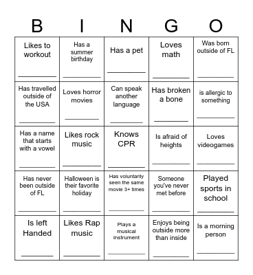 Getting to Know you! Bingo Card