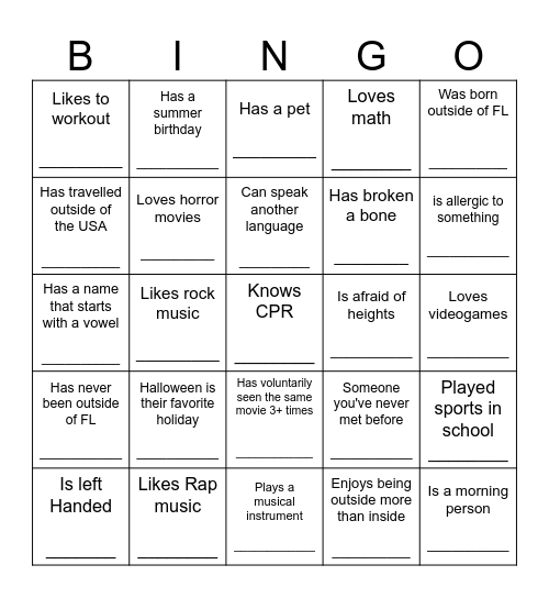 Getting to Know you! Bingo Card