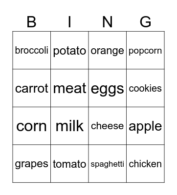 Food Bingo Card