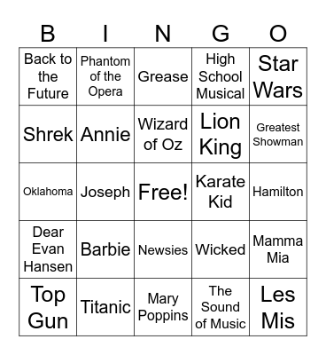 Movie & Broadway Songs Bingo Card
