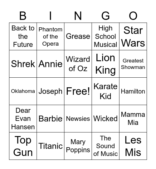 Movie & Broadway Songs Bingo Card