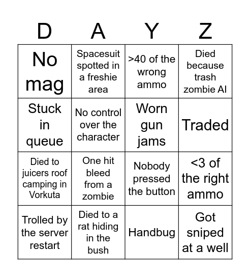 DayZ Bingo Card