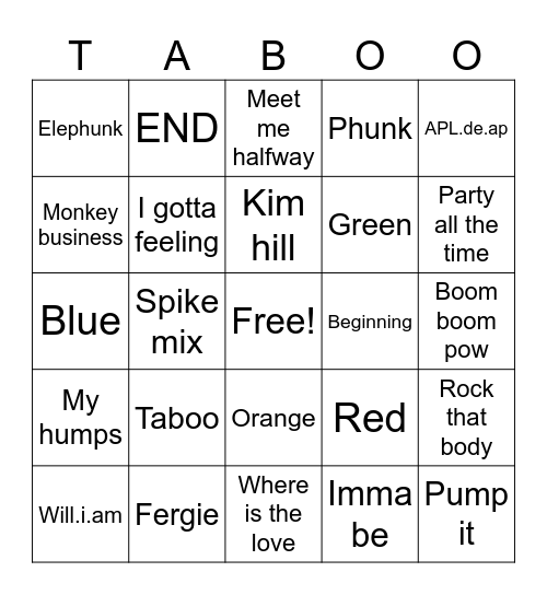 The black eyed peas Bingo Card
