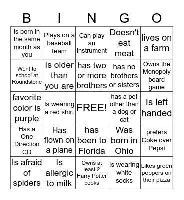 Get to know each other Bingo Card
