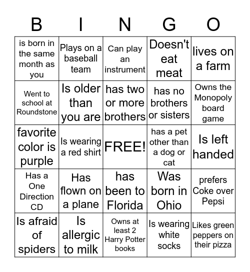 Get to know each other Bingo Card