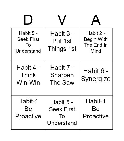 DVA Bingo Card