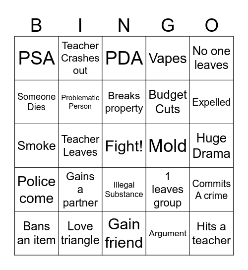 School Bingo Card