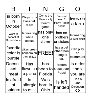 Get to know each other Bingo Card