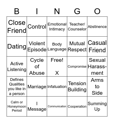 Relationships Bingo Card